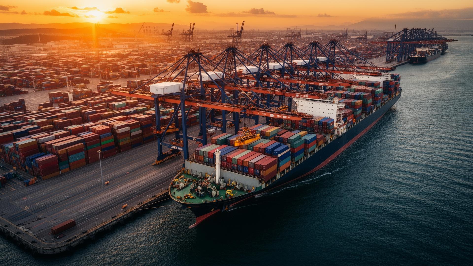 Container shipping port at sunset
